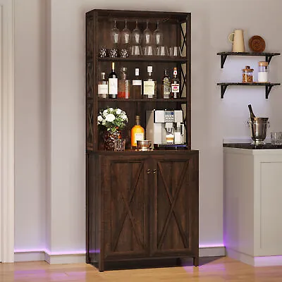 Home Bar Cabinet Liquor Bottle Display Shelf Kitchen Tall Cabinet With Wine Rack • $146.69
