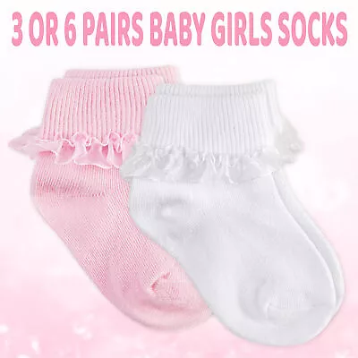 Newborn Baby Girls 3 6 Pairs Ruffle Frilly Lace Ankle Socks Turn Over Top Tutu • £3.99