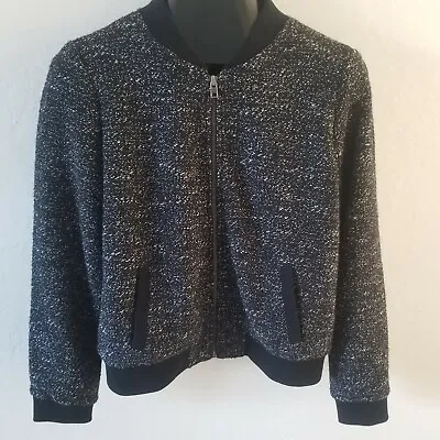 J. Crew Boucle Bomber Jacket Full-Zip Women's Size 10 Black White Style 03441 • $30.63