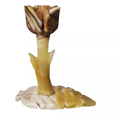 Heavy Onyx Marble Stone Flower Candle Holder Leaf Base Tulip Beige Brown Bands   • $24.99