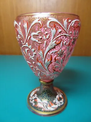 Bohemian Moser Enameled Gold Floral Scrollwork Cranberry Small WINE GLASS Goblet • $320