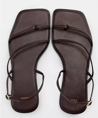 ZARA Woman Shoes | FLAT LEATHER SLIDER SANDALS Brown | 1634/010 Size 37/6.5 • $45.25