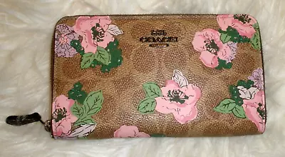 Coach Blossom Floral Wallet Clutch Brown Pink Green Zip Around Accordion • $49.99