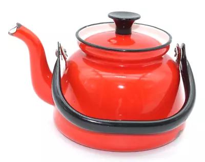 Vintage Red Enamel Teapot W Handled Lid Made In Poland Black Metal Handle • $34.99