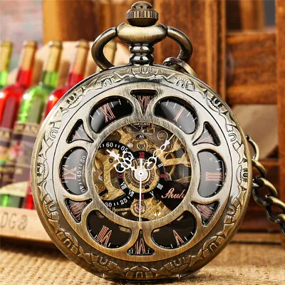 Bronze Hollow Out Roman Numerals Mechanical Pocket Watch With Chain For Men • £21.58