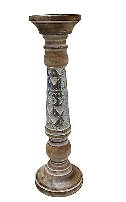 15' Exotic Candle Holder WOOD CARVED Pillar Silver Leaf India Morrocan Bohemian • $28.77