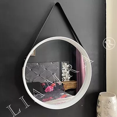52cm Round White Mirror Leather Strap Hanging Round Mirror Circular White Mirror • £26.50