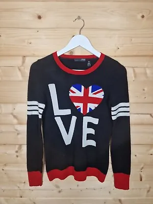 AQUA 100% Cashmere Black Soft Jumper Long Sleeve Union Jack Love Size XS • £40