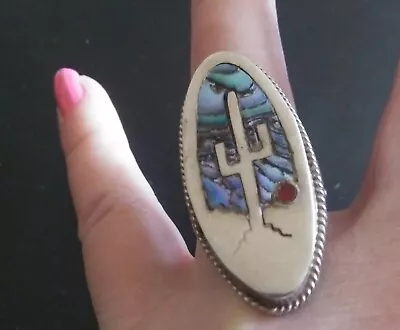 Vintage Mexican 925 Desert Scene Sterling Silver Ring Taxco Handcrafted Abalone  • $39.99