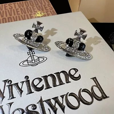 Vivienne Westwood Nana Black Silver Tone Earrings Studs~ New With The Box • $77
