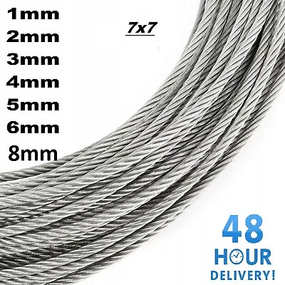 Galvanised Steel Wire Rope Metal Cable Rigging 7 X 7 1mm 2mm 3mm 4mm 5mm 6mm 8mm • £1.14