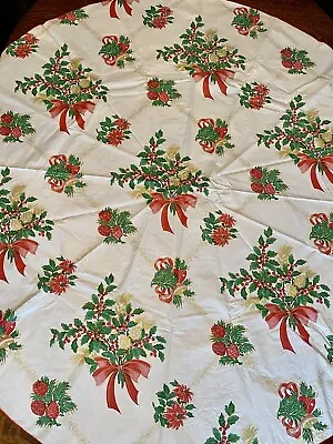 $18.95 • Buy Vintage 50s Christmas Floral Vinyl Tablecloth Red Gold Flannel Back 60” Round