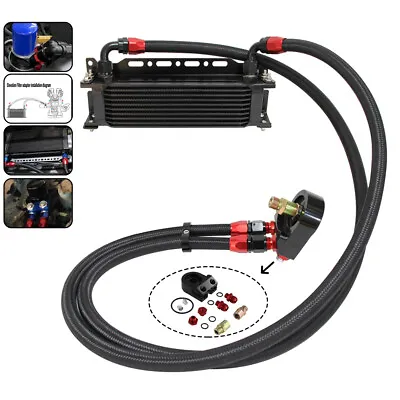 Universal 10 Row Engine Transmission Oil Cooler +Filter Adapter Hose Line Kit BK • $204.60