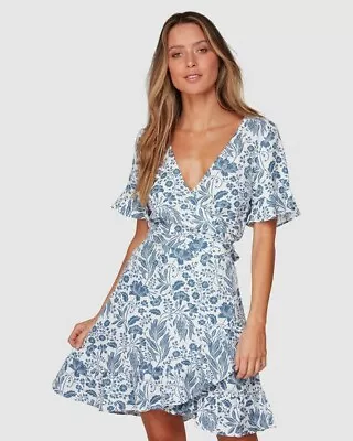 TIGERLILY Womens Blue Camali Wrap Dress Linen Blend Boho Size 10 • $40