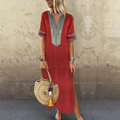 $27.78 • Buy Women's Printed Long Sleeve V-neck Maxi Dress Hem Baggy Kaftan Long Dress
