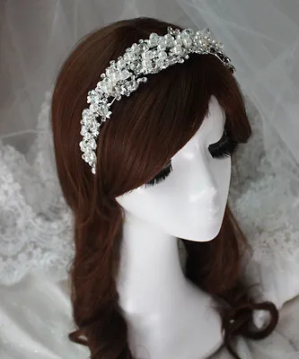 £9.99 • Buy Wedding Cream Pearl Silver Diamante Bridal Crown Prom Party Bridal Hair Tiara UK