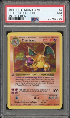 $8900 • Buy 1999 Pokemon Base Set 1st Edition Shadowless Holo Charizard #4 NEAR MINT - PSA 7