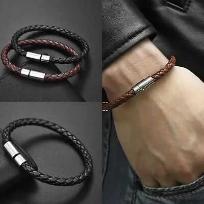 Men's Braided Leather Bracelet Stainless Steel Magnetic Clasp Bangle Black Brown • $4.99