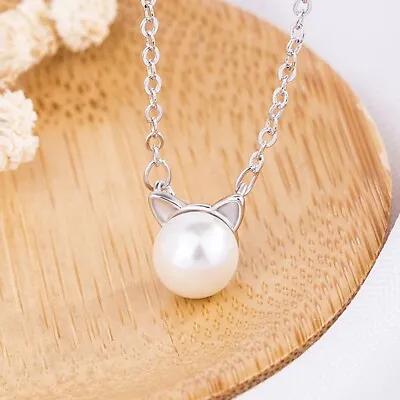 £3.35 • Buy Pearl Cat Pendant Chain Necklace 925 Sterling Silver Women Girls Jewellery Gift
