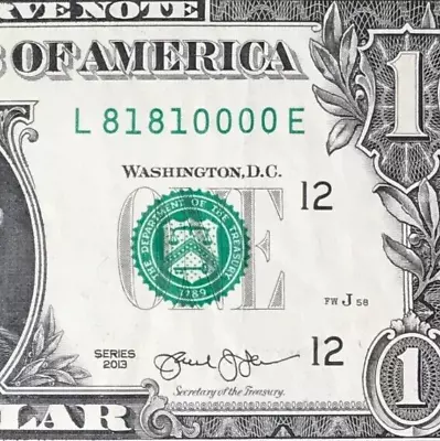 L 81810000 E : REPEATER / Trailing Quad 0 $1 One Dollar Bill Fancy Serial Number • $19.99