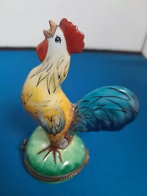 Limoges France Hand Painted Hinged Trinket Box - Cockerel On Green Base • £20