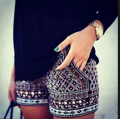 $63.20 • Buy ZARA Shorts Stones Aztec Ethnic Embellished Beaded Sequins Embroidered SMALL  S 