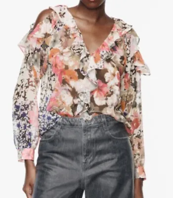 W@W Stunning * ZARA * Multicoloured Floral Print Ruffle Shirt Cut Out Large NEW • £10.99