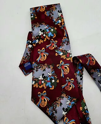 Disney Christmas Holiday Neck Tie Maroon Mickey Mouse And Goofy Presents • $9.95