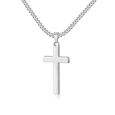 Mens Women Cross Necklace Stainless Steel Silver Pendant Cuban Chain 16 -30  • $8.99