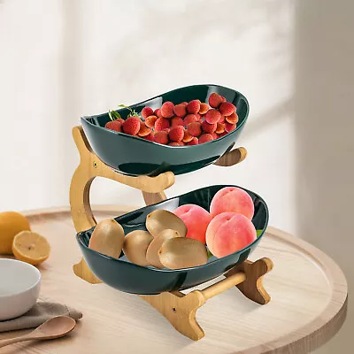 2 Tier Fruit Basket For Kitchen Countertop Vegetable Fruit Bowl Bamboo Rack • $24.99