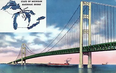 The Mackinac Bridge State Of Michigan Bridge Vintage Chrome Post Card • $10.66