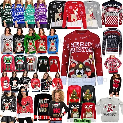 Womens Mens Ladies Unisex Xmas Christmas Jumpers Knitted Reindeer Retro 3D LIGHT • $17.25