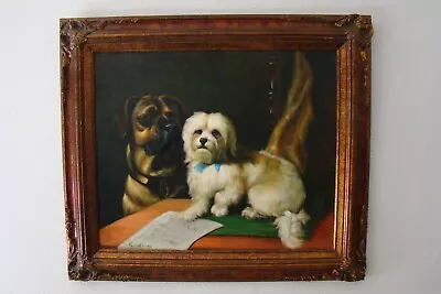 Vintage Signed Framed Oil Canvas Chinese Dog  Tibetan Terrier ? Painting • $295