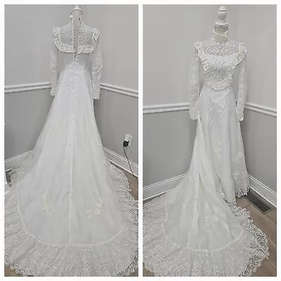 VTG'70s UNBRAN White Wedding Dress Train Lace /Prairie Pioneer Style/Civil War  • $64.99