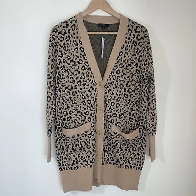 J Crew Sweater Womens XS Cardigan Tan Leopard Print Merino Blend Button Up • $39.99