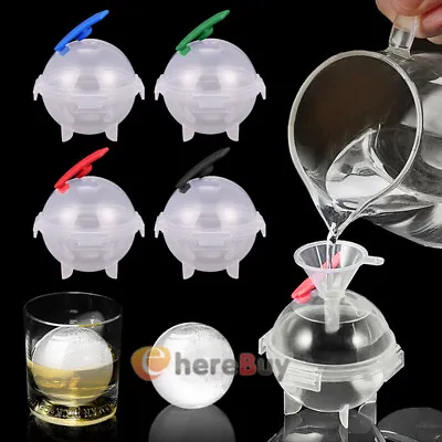 4x2  Large Round Ice Cube Ball Maker Molds Silicone Lids Whiskey Cocktail+Funnel • $8.95