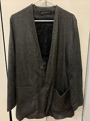 ZARA Woman Wool Blend Herringbone Longline Collarless Boyfriend Blazer • £26.99