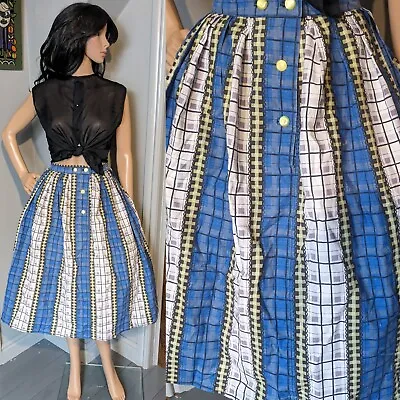 Vintage 1950s Blue Stripe Check Dirndl Circle Cotton Skirt 12 40 • £39.99