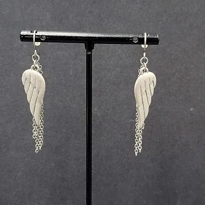 Pierced Earrings Matte Silver Tone Angel Wings Dangle Chains 1.75  • $12