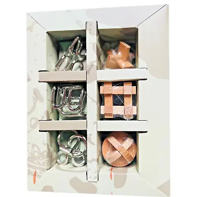 6 Brain Teaser Box Set Wood Metal Steel Twist Cube Bamboo Adult Kid Wire Puzzle • $24.59