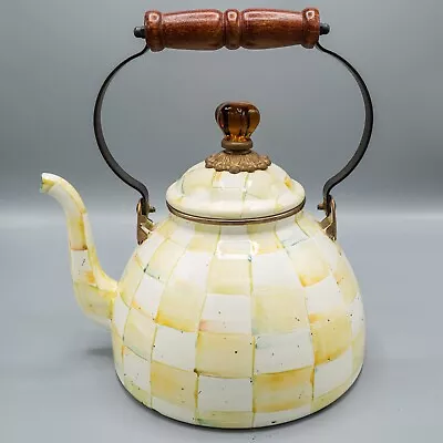 READ MacKenzie Childs Parchment Check Enamel Large Tea Kettle Teapot FREE SHIP • $85