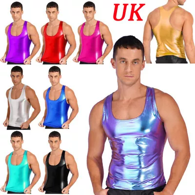 UK Mens Shiny Metallic Sleeveless Racer Back Slim Fit Camisole Tank Top Vest Top • £10.99