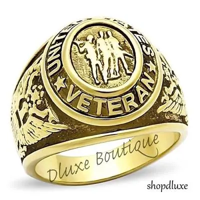 Men's 14k Gold Plated Us United States Veteran Military Ring Band Size 8-14 • $16.99