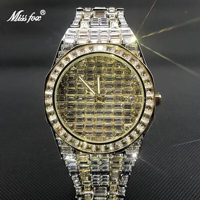 MISSFOX Men's Fully Ice Out Watch Stainless Steel Cz Bling Diamond Luxury NEW • £78.99