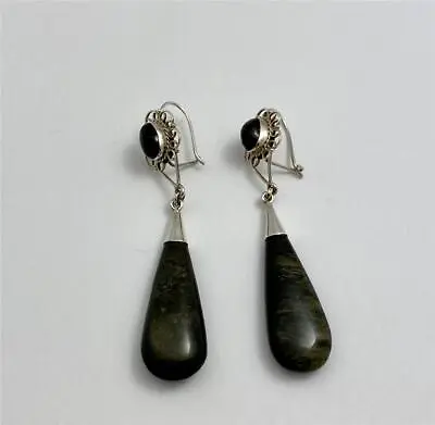 Vintage 925 Sterling Silver Mexico Black / Green Agate Dangle Earrings • $28