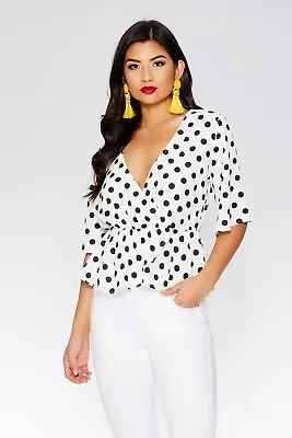 Spotty Polka Dot Crepe Chiffon Mock Wrap Peplum Blouse Top | Quiz | Size 10 • £14.95