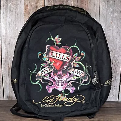 Vintage ED Hardy Backpack Rare Love Kills Slowly Black MultiGold 17  Logo Lining • $200