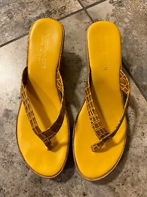 A. Giannetti Made In Italy Leather Wedge Mustard Yellow Sandals Size 8 • $20.95