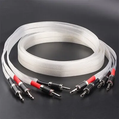 White Draw Silver Plated Audio Speaker Cable Wire Carbon Fiber Banana Plug • £22.57