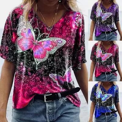 £10.09 • Buy Womens Short Sleeve Butterfly Print T-Shirt Ladies Summer Casual Tops Tee Blouse